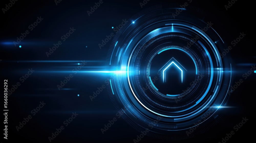 Poster a futuristic digital design featuring a central arrow symbol, surrounded by glowing blue lines and c