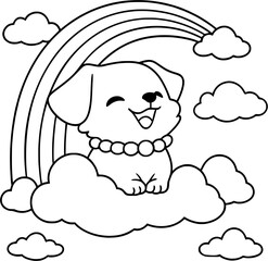 Cute puppy coloring page with rainbow and clouds, kawaii dog line art for kids and adults, simple black and white illustration for printable activity book