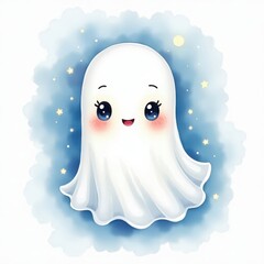 Obraz premium Cute cartoon ghost smiling against a starry background in a playful and cheerful design