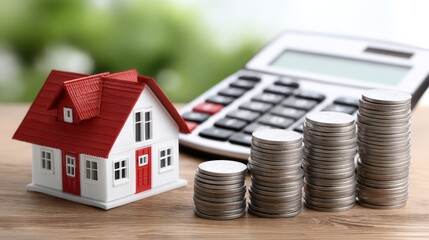 A model house, stacks of coins, and a calculator illustrate financial planning and investment in real estate.