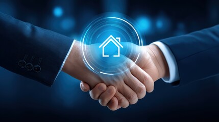 Two hands shaking with a digital house icon, symbolizing real estate agreements and partnerships in a modern, tech-savvy environment.