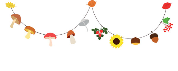 Autumn flat garland with autumn harvest and natural elements. Thread with attached autumn leaves mushrooms, fly agaric, toadstool, rowan, acorn, sunflower, rosehip. Autumn garland.