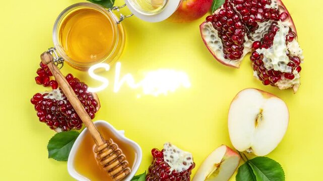 Rosh Hashannah concept - Shona Tova text reveal via photo of apples, honey and pomegranate