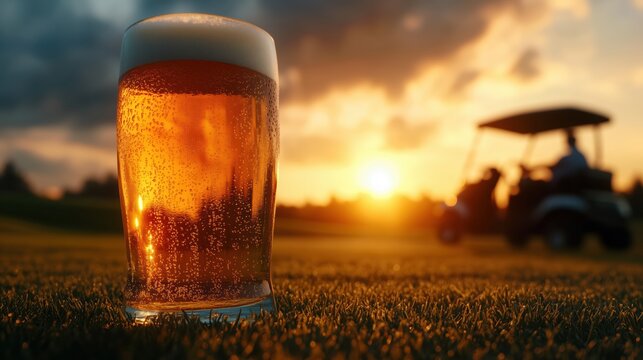 A glass of cold beer on a sun-drenched golf course, next to a golf cart.