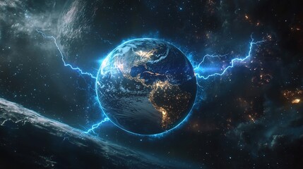 Obraz premium Earth Under Cosmic Starry Sky, Lightning and Nebula Interweaving, Sci - Fi Space Scene