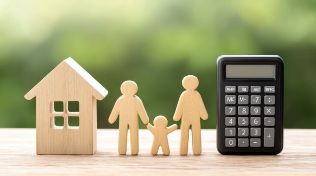 A wooden house and family figures beside a calculator, symbolizing home budgeting and family finances against a blurred green background.