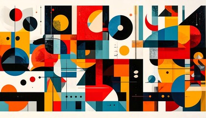 A vibrant, geometric composition of shapes and colors creates a dynamic and modern abstract artwork.