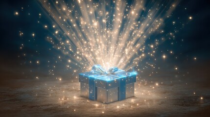 Fototapeta premium Gift box bursting with light beams, magical surprise concept.