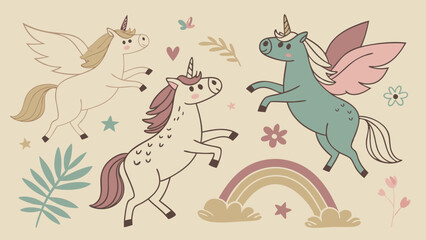 Three Adorable Cartoon Unicorns with Wings Rainbow and Floral Elements.