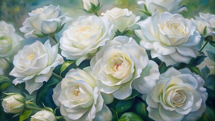 Obraz premium Beautiful bouquet of delicate white roses and buds with green leaves in soft focus background
