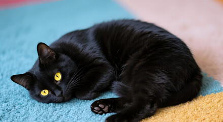 Black cat curled up on a bright blue carpet. Ai