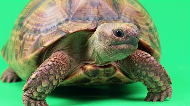 Close-up of a tortoise with a patterned shell on a vibrant green studio background