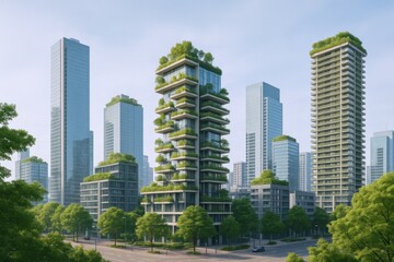 Sustainable Urban Architecture: Green Building Integration with Nature in Modern Cityscape, Showcasing Eco-Friendly Design and Urban Planning