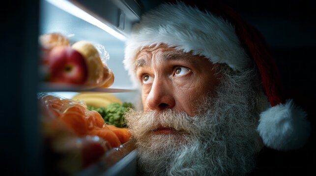 Santa Claus contemplating snack options in a brightly lit fridge on a winter night