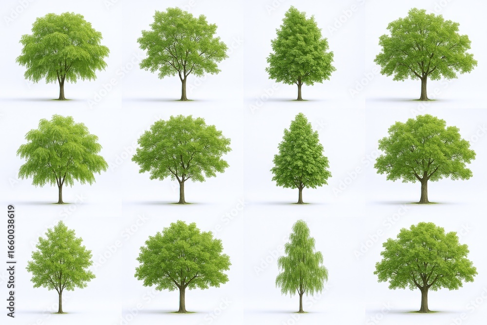 Poster diverse collection of green trees: ideal for architectural visualization and landscape design elemen