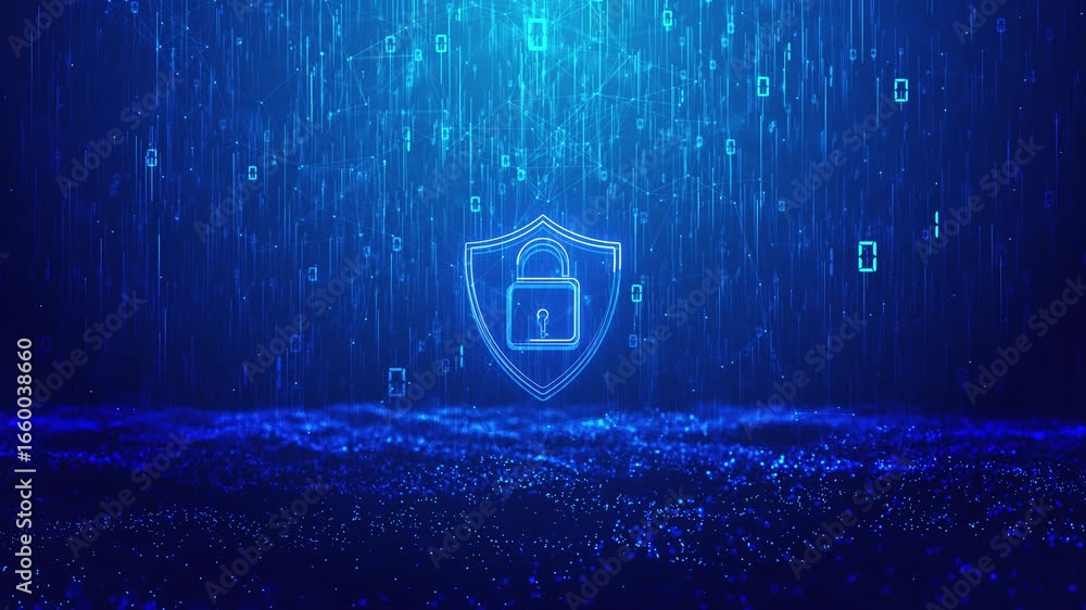 Poster cyber security information protection digital lock protecting network data. blockchain crypto global