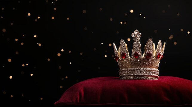 A luxurious golden crown with precious stones rests on a red velvet cushion against a black background with gold confetti. Space for text copy.