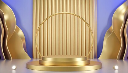 A golden podium with a circular frame, set against a backdrop of gold and muted purple, creates a sophisticated and stylish display space.