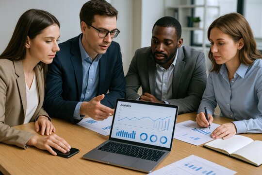 Diverse Business Team Analyzing Financial Data on Laptop in Modern Office Environment for Strategic Planning