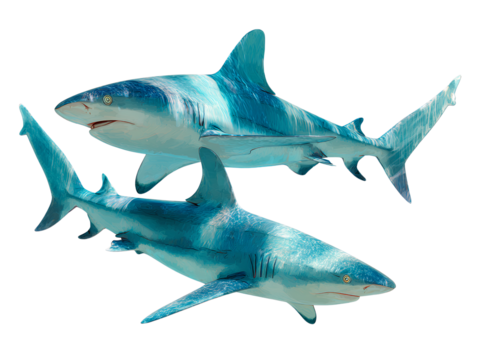 Top-Down View of Two Sharks Swimming Parallel, Isolated on Transparent Background