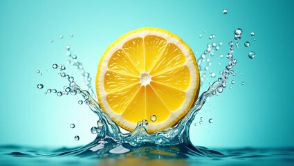 A lemon slice splashing into water, with droplets flying, on a bright blue background.