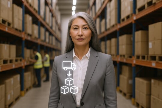 Woman Overseeing Supply Chain Management in Warehouse with Augmented Reality Overlay - Powered by Adobe