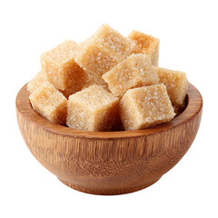 Brown Sugar Cubes in Wooden Bowl isolated on transparent background