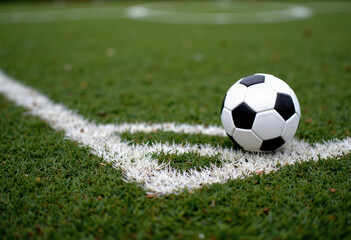 Fototapeta premium A classic black and white soccer ball on the corner of a lush green pitch, ready for the game and symbolizing the excitement and passion of the sport. 