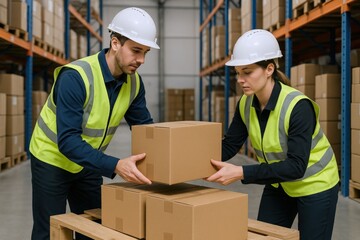 Warehouse Employees Lifting Cardboard Boxes Together, Wearing Safety Gear, Performing Inventory Management in Distribution Center