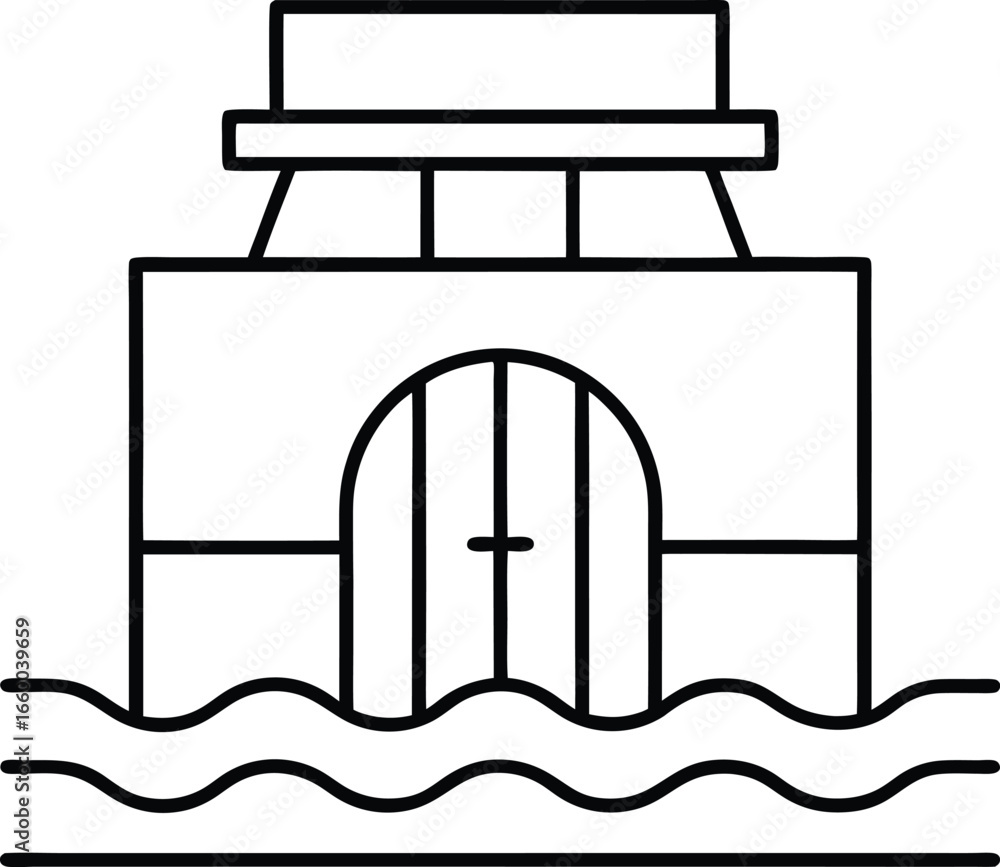 Poster outline drawing of a building with an arched doorway and waves in front, isolated on a transparent b