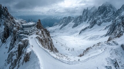 Winter landscape features snowy peaks and a mountain lodge under a cloudy sky, concept of serene winter retreats.
