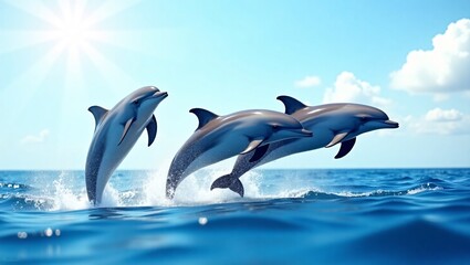 Obraz premium Three dolphins jumping out of the ocean under a bright sun and blue sky.