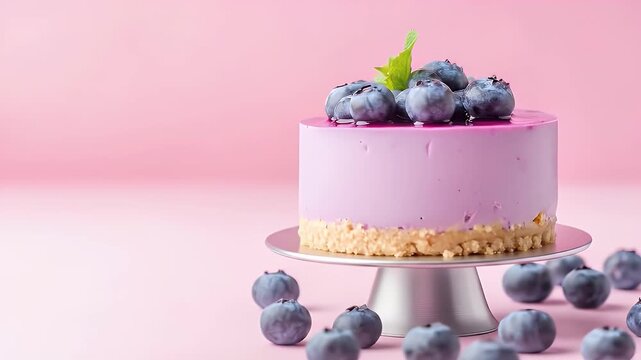 Delicious Blueberry Cake with Mint Leaf Topping on Cake Stand Against Pink Background Perfect Still Life Dessert Presentation on Silver Cake Stand
