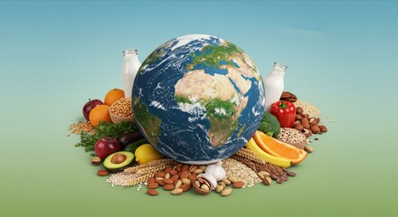 Earth globe surrounded by various fresh foods, sustainable eating concept, World Food Day poster