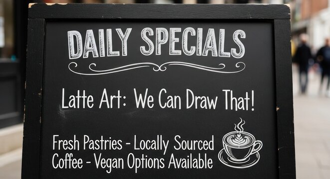Chalkboard sign advertising daily specials for coffee, latte art, fresh pastries, and vegan options at a cafe.