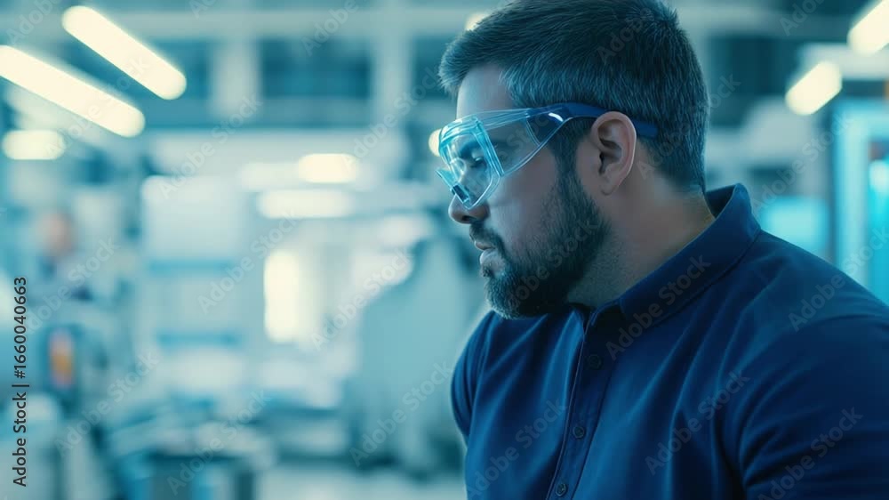 Poster engineer with smart glasses testing robotic arm in lab
