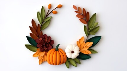 Halloween Pumpkin Paper Quilling Wreath Concept. Autumn wreath with pumpkins and colorful leaves decoration.