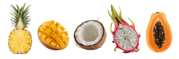 A vibrant collection of tropical fruit halves, featuring pineapple, mango, coconut, dragon fruit, and papaya, is perfectly isolated on a white background.