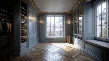 Elegant walk-in closet with custom cabinetry, herringbone wood floor, and natural light from windows