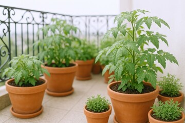 Fototapeta premium Terracotta Potted Tomato Plants Flourishing on a Sunny Balcony, Featuring Fresh Herbs and Elegant Iron Railings