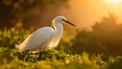 A serene egret, bathed in golden sunrise hues, stands amidst vibrant green vegetation.
