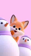 Fototapeta premium A friendly fox peeking playfully from behind two snowmen, spreading joy and the magic of winter