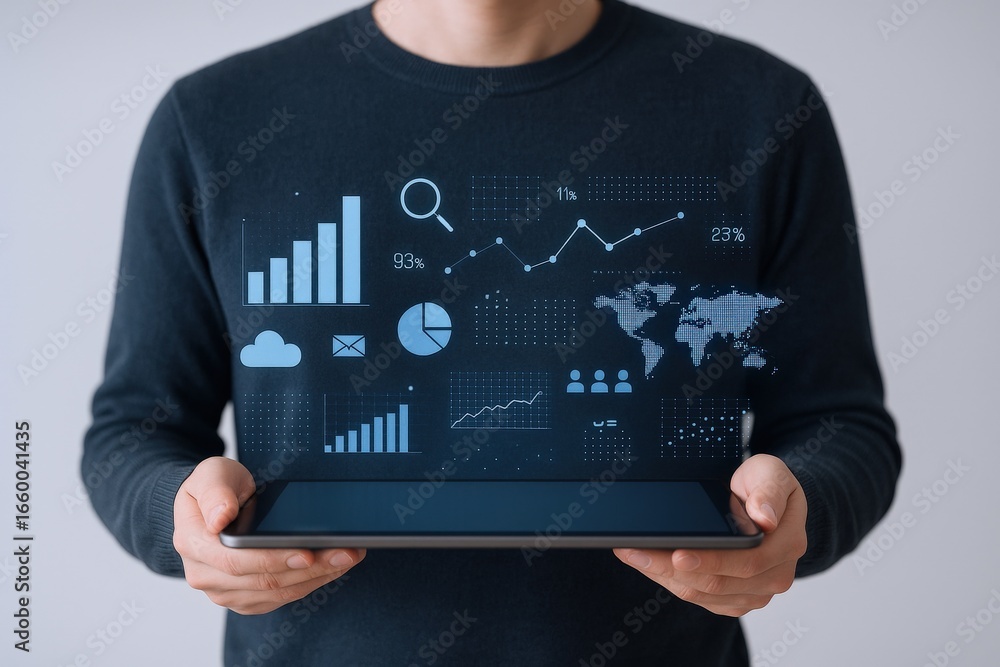 Poster man holding tablet displaying business analytics and data visualization, presenting key insights for