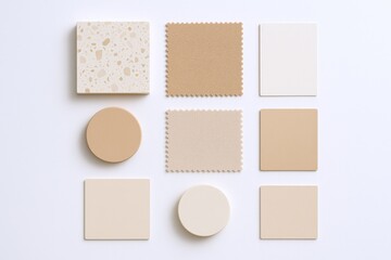 Neutral Tones Mood Board for Interior Design Featuring Tiles, Fabrics, and Color Swatches on White Background