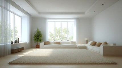 Bright Minimalist Interior Design with Large Windows and Comfortable Seating in a Spacious Room