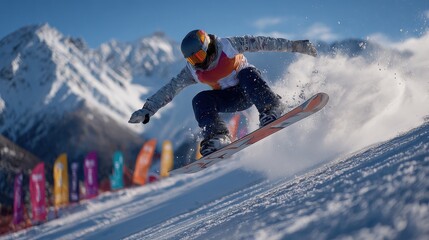 Snowboarder makes their way through newly fallen snow on a mountain decorated with colorful flags, embodying a winter sports adventure theme.