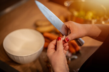 Hands, cooking and pot with steam in the home for lunch or dinner, busy and hungry for food with...