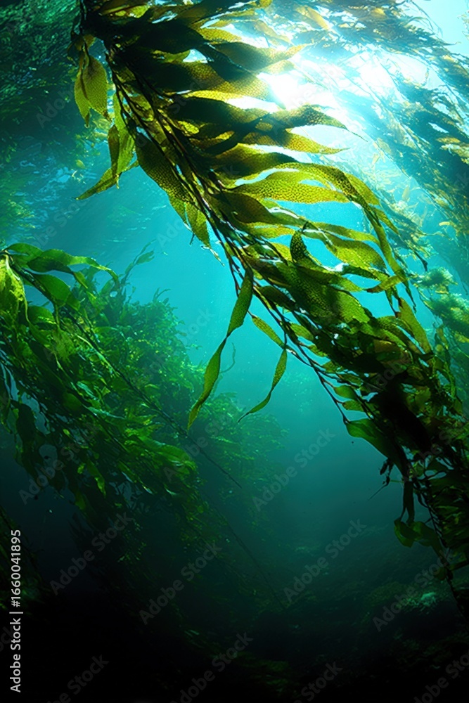 Poster underwater kelp forest canopy with sunlight filtering through, creating a serene and dynamic marine 