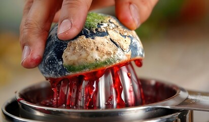 Main pressant le monde sur un presse-agrumes pour faire sortir le sang