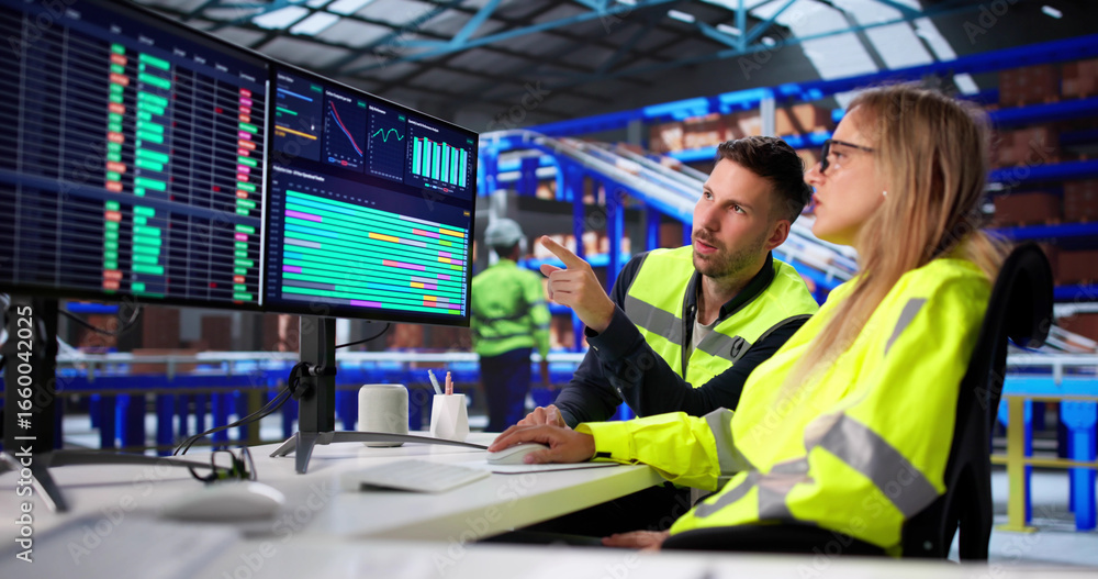 Poster warehouse manager analyzes spreadsheets on desktop computer